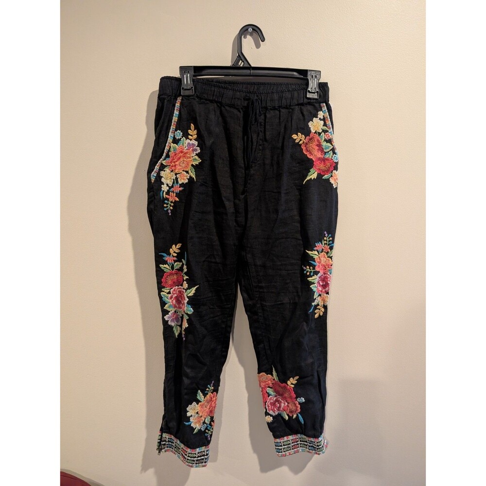 Johnny Was Small Linen Jogger Pants Floral Embroidered Pull On Boho Zip Ankle